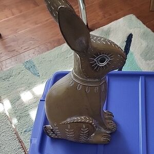 Pier 1 Olive Green Rabbit Sculpture with White Leaf Accents